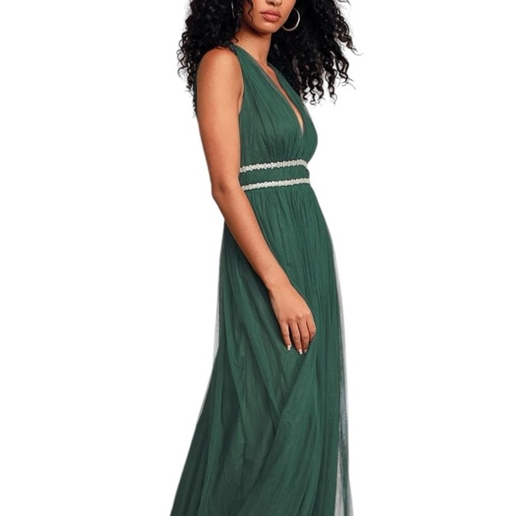 Lulus New Delightful Occasion Emerald Green Beaded Tulle Maxi Dress Gown Fall - Picture 3 of 14